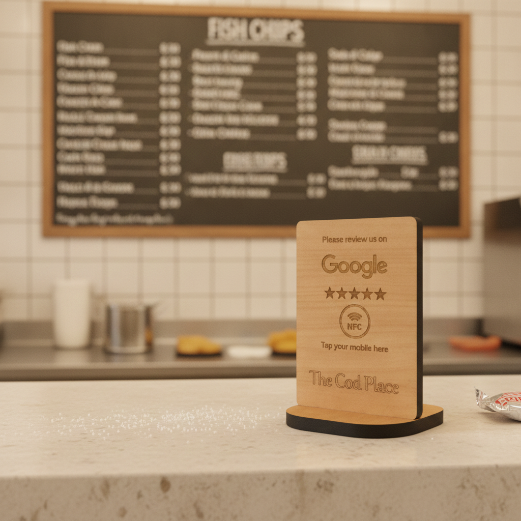 Tap to Review.  Google / TripAdvisor / Checkatrade, NFC, Wood Review Sign and stand. For Personalisation.