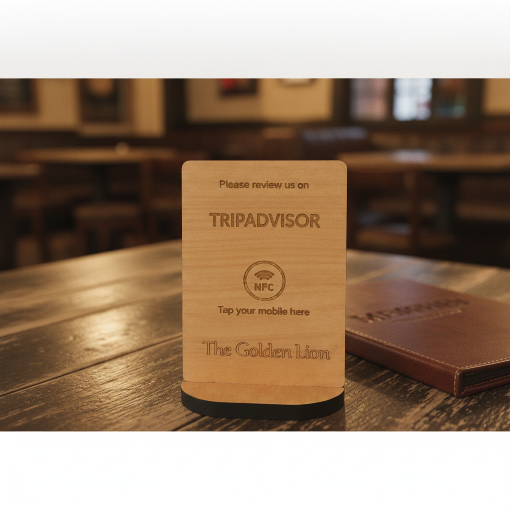 Bulk / Trade, Tap to Review. Google / TripAdvisor / Facebook / Checkatrade, NFC, Wood Review Sign and stand. For Personalisation. Price from £8.50p.