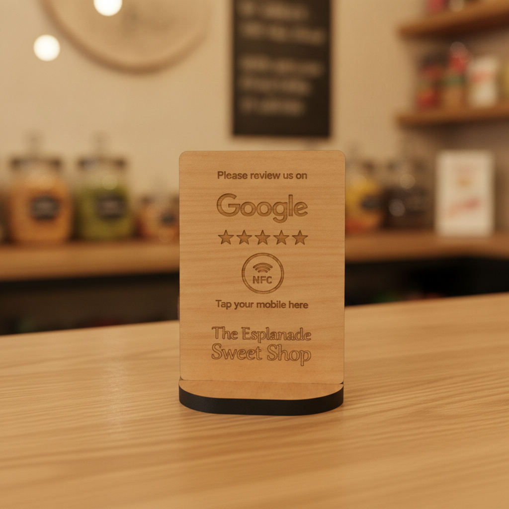 Tap to Review.  Google / TripAdvisor / Checkatrade, NFC, Wood Review Sign and stand. For Personalisation.