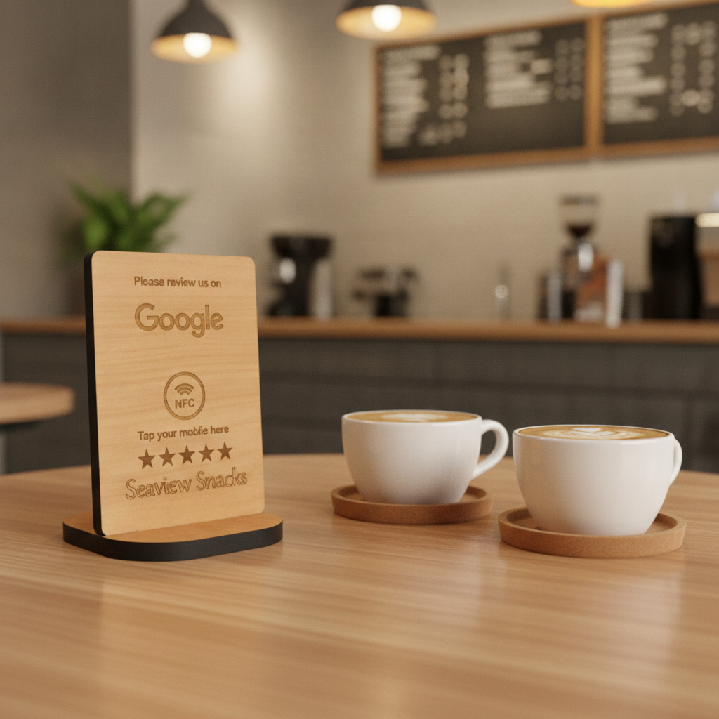 Bulk / Trade, Tap to Review. Google / TripAdvisor / Facebook / Checkatrade, NFC, Wood Review Sign and stand. For Personalisation. Price from £8.50p.