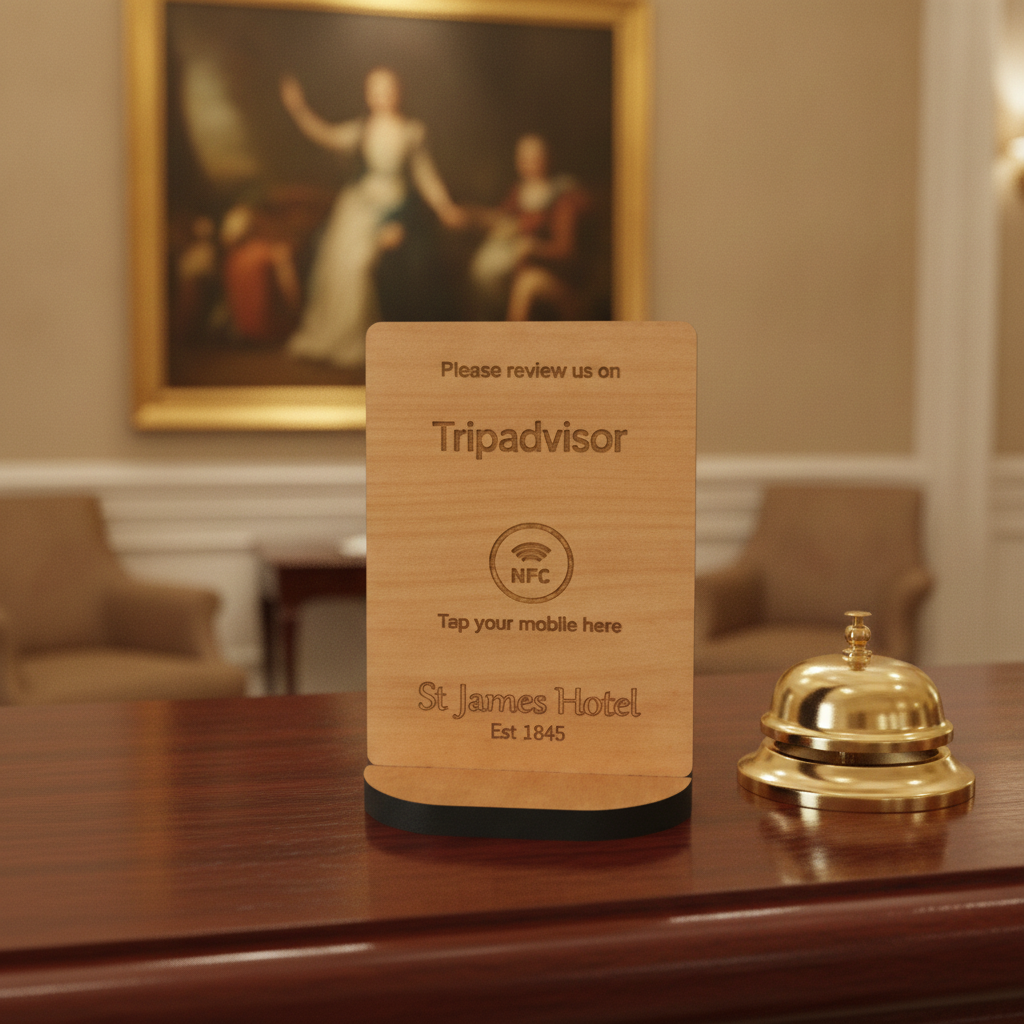 Bulk / Trade, Tap to Review. Google / TripAdvisor / Facebook / Checkatrade, NFC, Wood Review Sign and stand. For Personalisation. Price from £8.50p.
