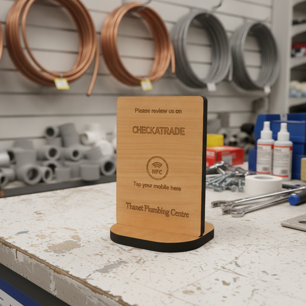 Tap to Review.  Google / TripAdvisor / Checkatrade, NFC, Wood Review Sign and stand. For Personalisation.