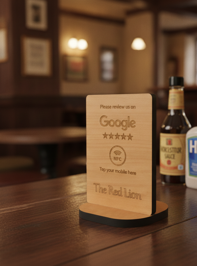 Bulk / Trade, Tap to Review. Google / TripAdvisor / Facebook / Checkatrade, NFC, Wood Review Sign and stand. For Personalisation. Price from £8.50p.