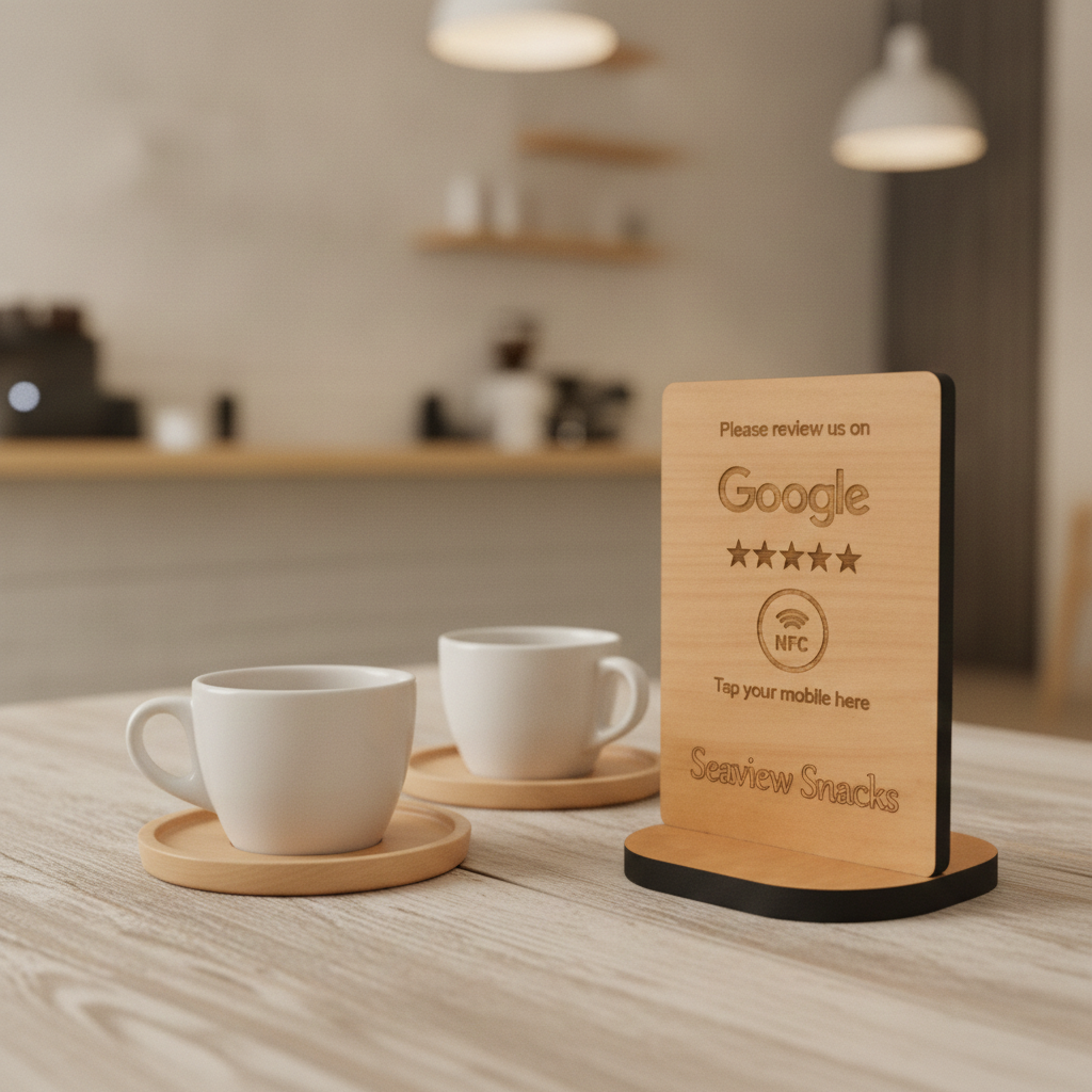 Bulk / Trade, Tap to Review. Google / TripAdvisor / Facebook / Checkatrade, NFC, Wood Review Sign and stand. For Personalisation. Price from £8.50p.