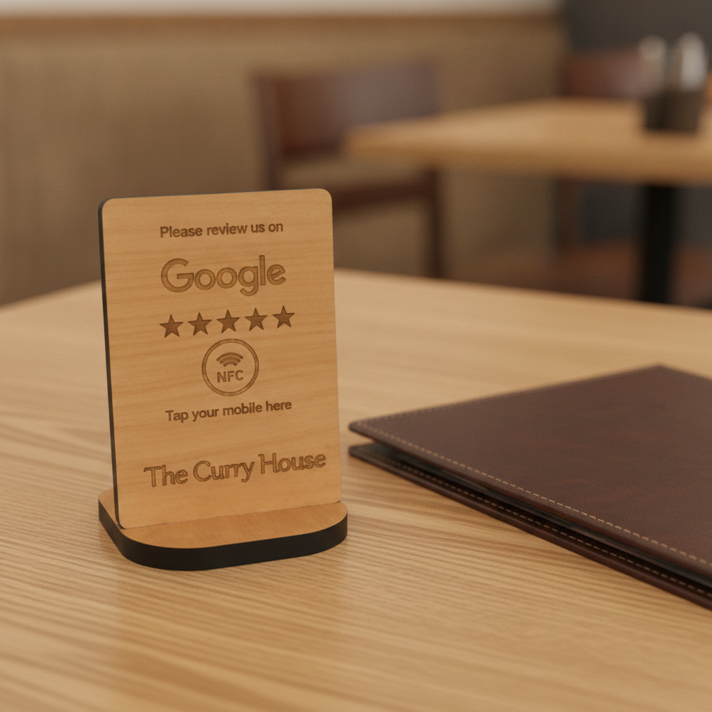 Bulk / Trade, Tap to Review. Google / TripAdvisor / Facebook / Checkatrade, NFC, Wood Review Sign and stand. For Personalisation. Price from £8.50p.