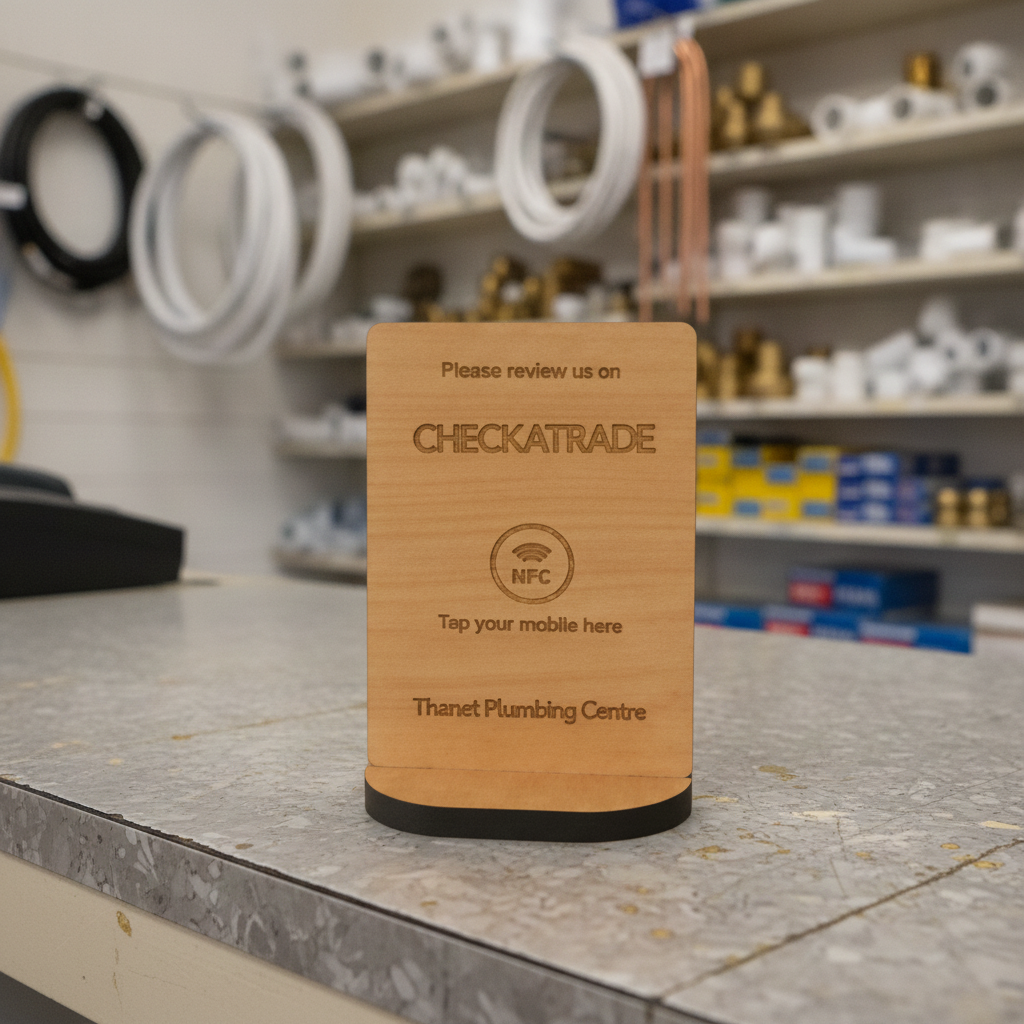 Bulk / Trade, Tap to Review. Google / TripAdvisor / Facebook / Checkatrade, NFC, Wood Review Sign and stand. For Personalisation. Price from £8.50p.