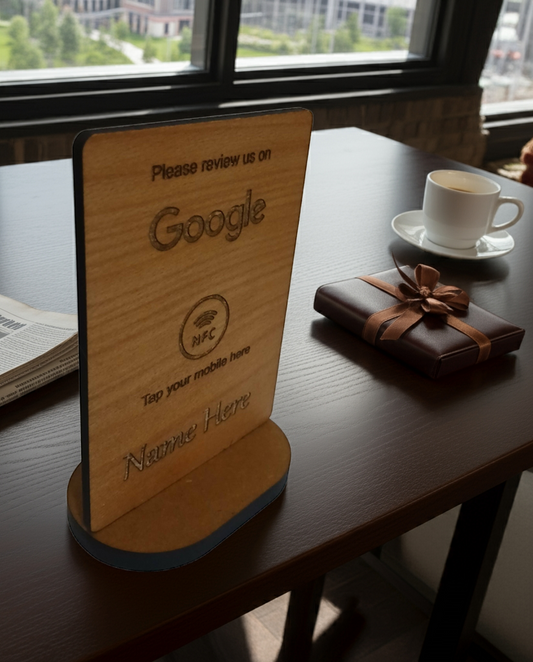 Tap to Review.  Google / TripAdvisor / Facebook / Checkatrade, NFC, Wood Review Sign and stand. For Personalisation.