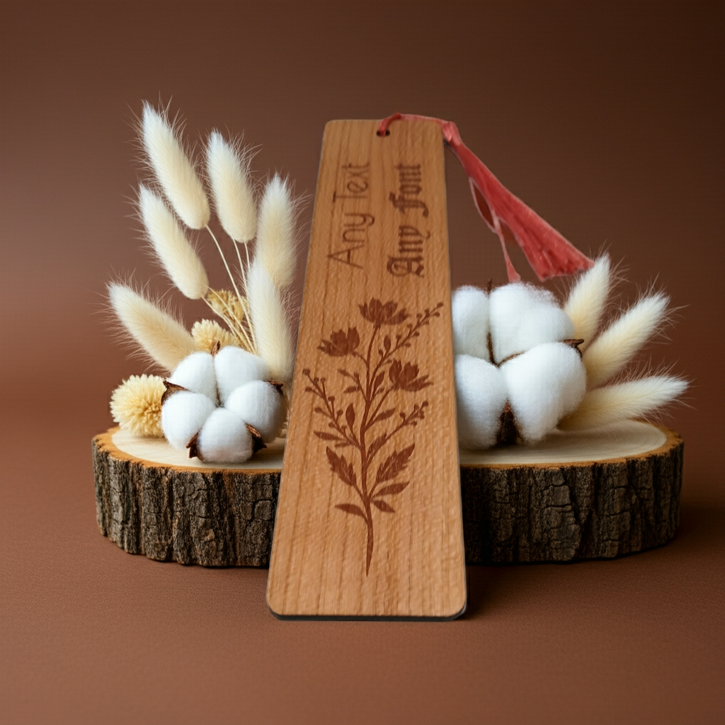 Unique and beautiful Steamed Beech Bookmark, with floral engraving and tassel. Personalise with any text and font.