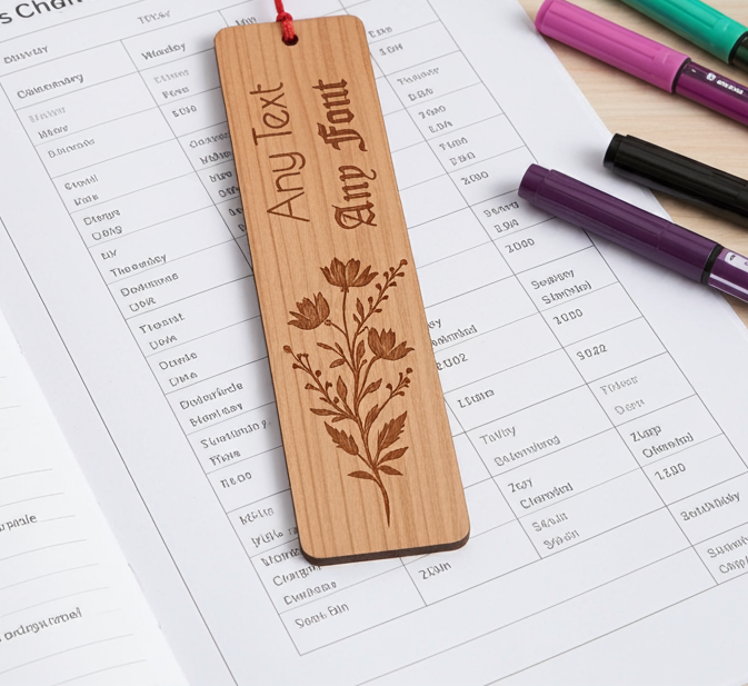 Unique and beautiful Steamed Beech Bookmark, with floral engraving and tassel. Personalise with any text and font.
