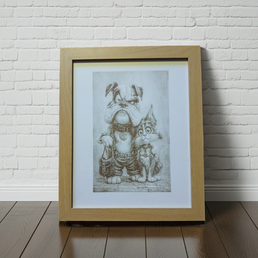Wall Art- Exquisite Wood Engraving- "Mr Dog & Ms Cat", with frame, (25cm x 20cm)
