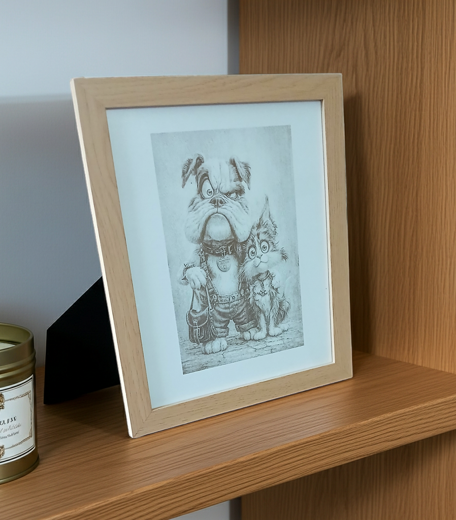 Wall Art- Exquisite Wood Engraving- "Mr Dog & Ms Cat", with frame, (25cm x 20cm)