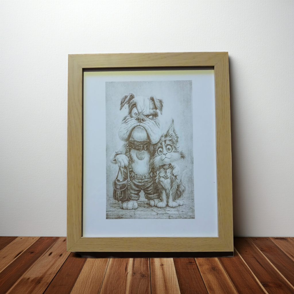 Wall Art- Exquisite Wood Engraving- "Mr Dog & Ms Cat", with frame, (25cm x 20cm)