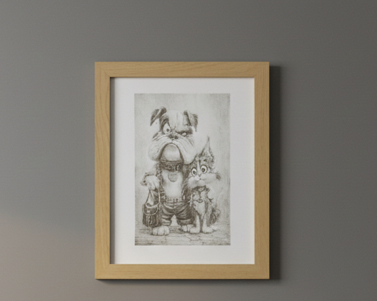 Wall Art- Exquisite Wood Engraving- "Mr Dog & Ms Cat", with frame, (25cm x 20cm)
