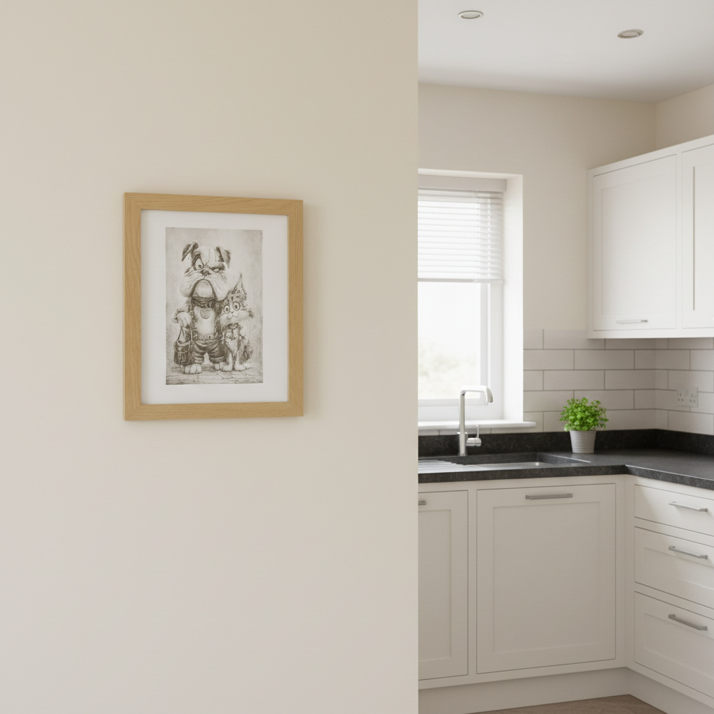 Wall Art- Exquisite Wood Engraving- "Mr Dog & Ms Cat", with frame, (25cm x 20cm)
