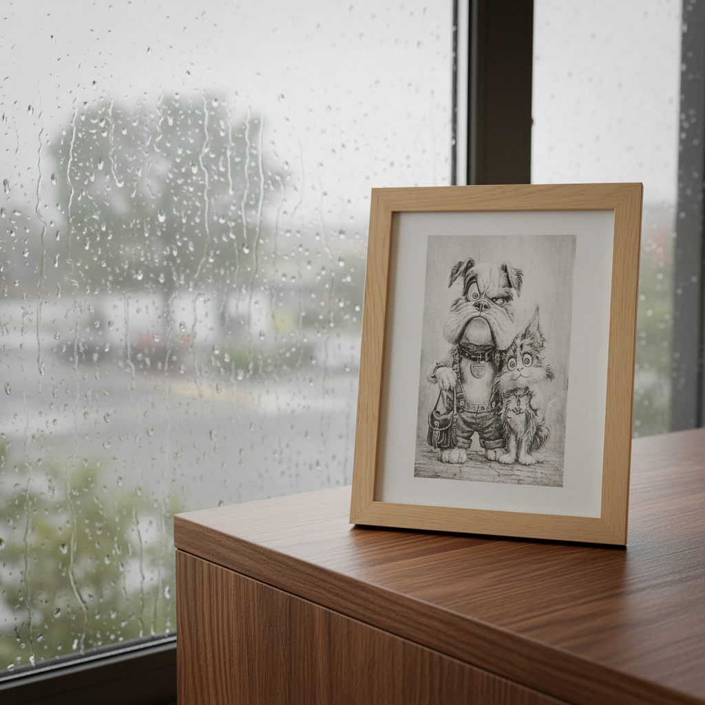 Wall Art- Exquisite Wood Engraving- "Mr Dog & Ms Cat", with frame, (25cm x 20cm)