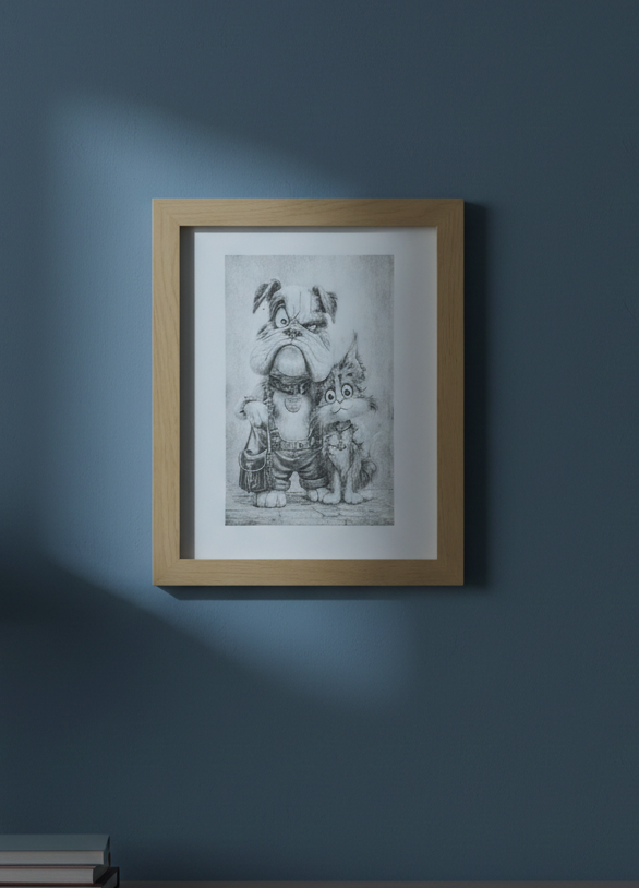 Wall Art- Exquisite Wood Engraving- "Mr Dog & Ms Cat", with frame, (25cm x 20cm)