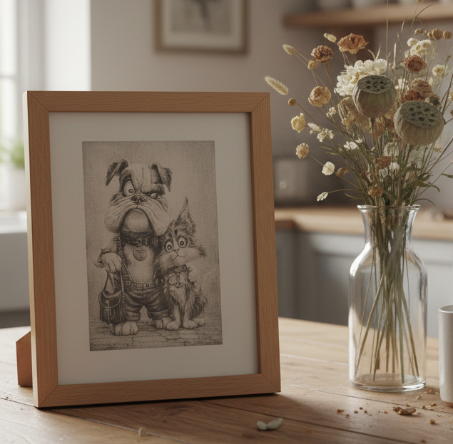 Wall Art- Exquisite Wood Engraving- "Mr Dog & Ms Cat", with frame, (25cm x 20cm)