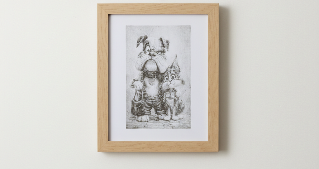 Wall Art- Exquisite Wood Engraving- "Mr Dog & Ms Cat", with frame, (25cm x 20cm)