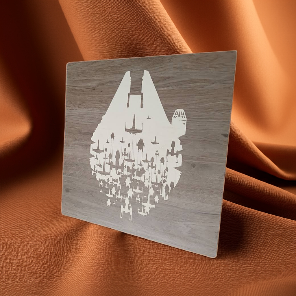 Wall Art. Millennium Falcon Engraving with rebel ships. Star Wars. 390mm X 390mm