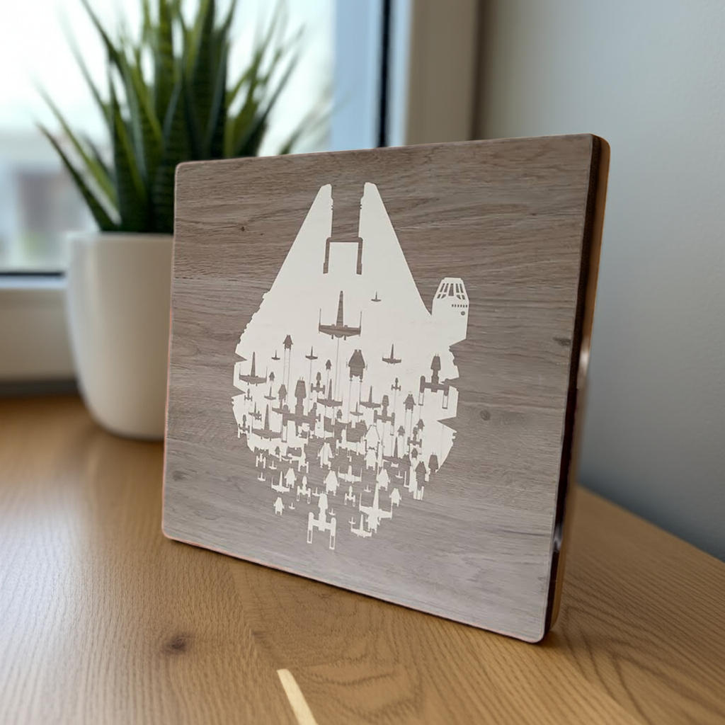 Wall Art. Millennium Falcon Engraving with rebel ships. Star Wars. 390mm X 390mm