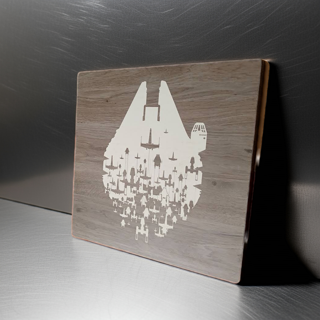 Wall Art. Millennium Falcon Engraving with rebel ships. Star Wars. 390mm X 390mm