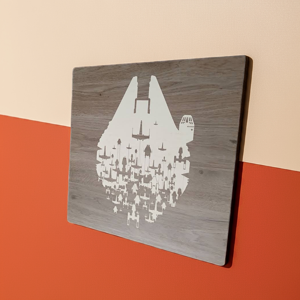Wall Art. Millennium Falcon Engraving with rebel ships. Star Wars. 390mm X 390mm