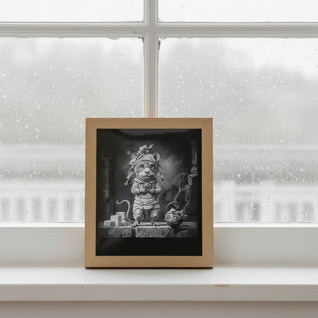 Whimsical Mouse Laser Engraving - Layered Wood Art by H&B Thanet with Oak Frame
