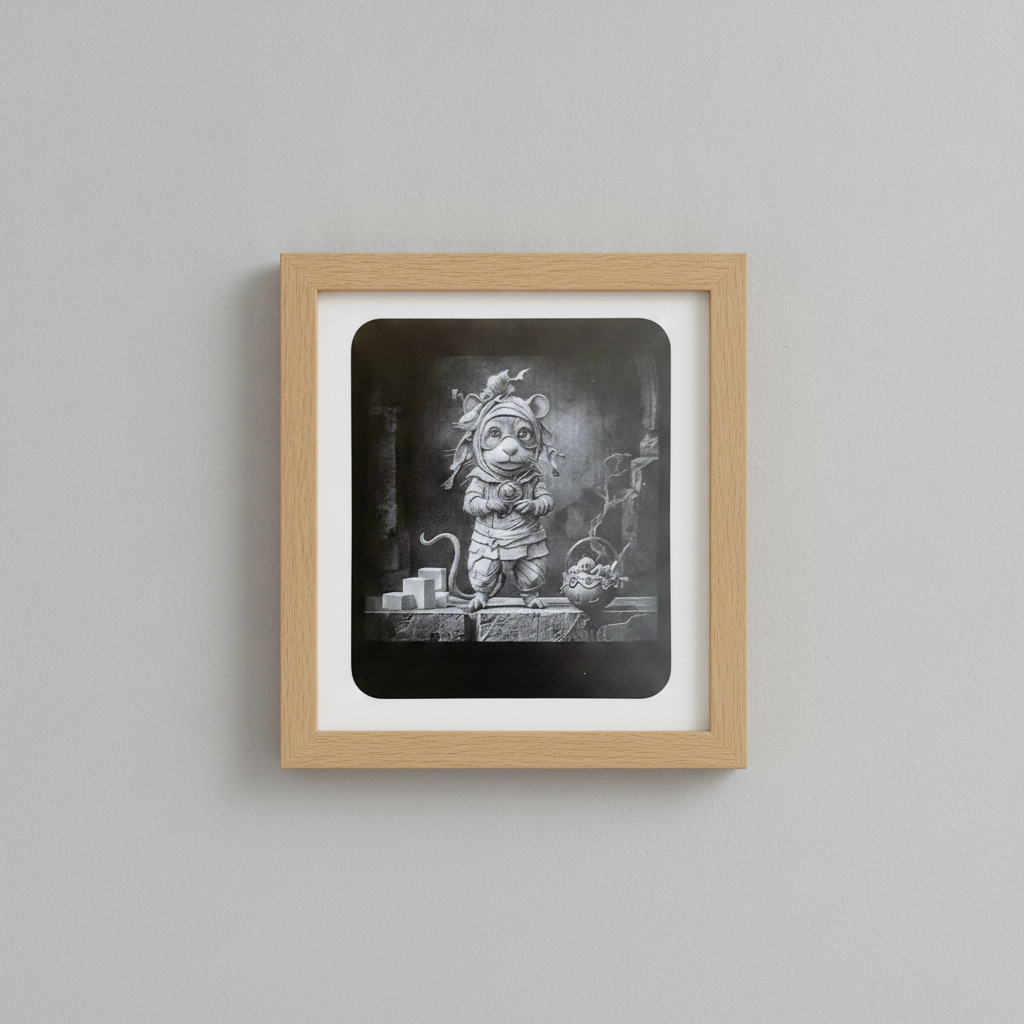 Whimsical Mouse Laser Engraving - Layered Wood Art by H&B Thanet with Oak Frame