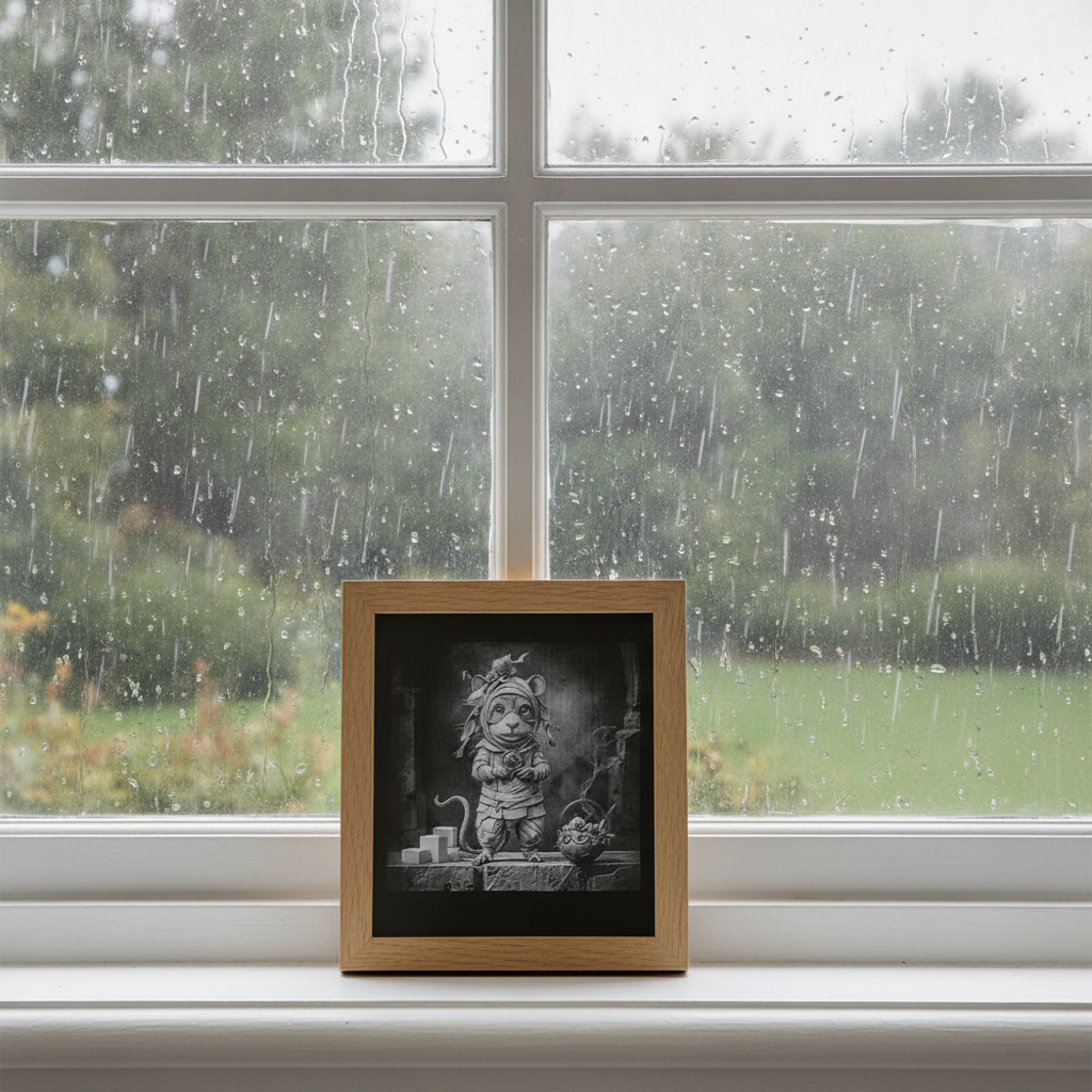 Whimsical Mouse Laser Engraving - Layered Wood Art by H&B Thanet with Oak Frame