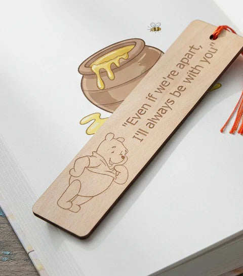 Winnie-The-Pooh Combo,  x6 Black topped wood coasters with bumper feet & 2 Personalised beech bookmarks with tassels.