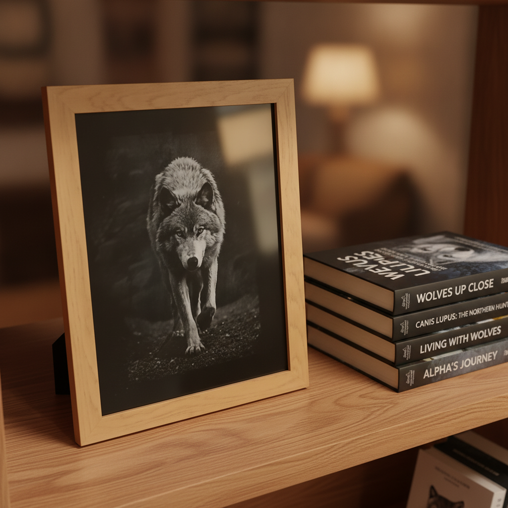 Wolf Black Painted Wood Engraving.  Wildlife Wall Art Oak Frame 25cm x 20cm.