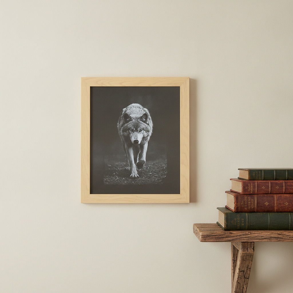 Wolf Black Painted Wood Engraving.  Wildlife Wall Art Oak Frame 25cm x 20cm.
