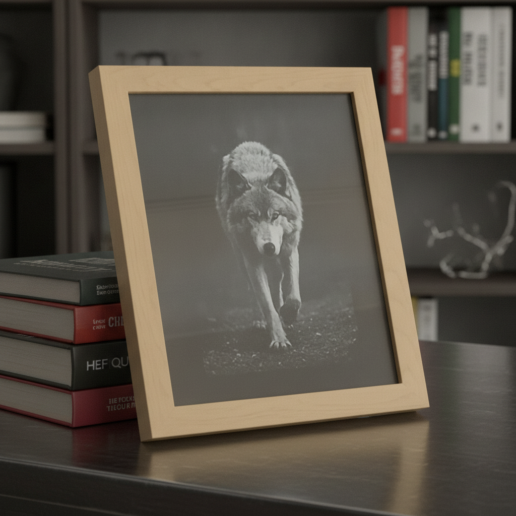 Wolf Black Painted Wood Engraving.  Wildlife Wall Art Oak Frame 25cm x 20cm.