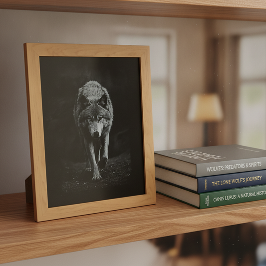 Wolf Black Painted Wood Engraving.  Wildlife Wall Art Oak Frame 25cm x 20cm.