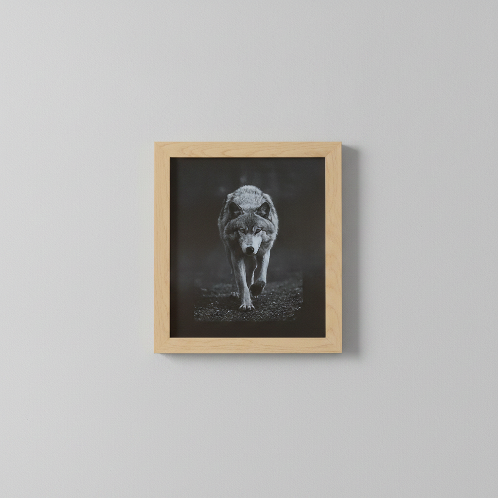 Wolf Black Painted Wood Engraving.  Wildlife Wall Art Oak Frame 25cm x 20cm.