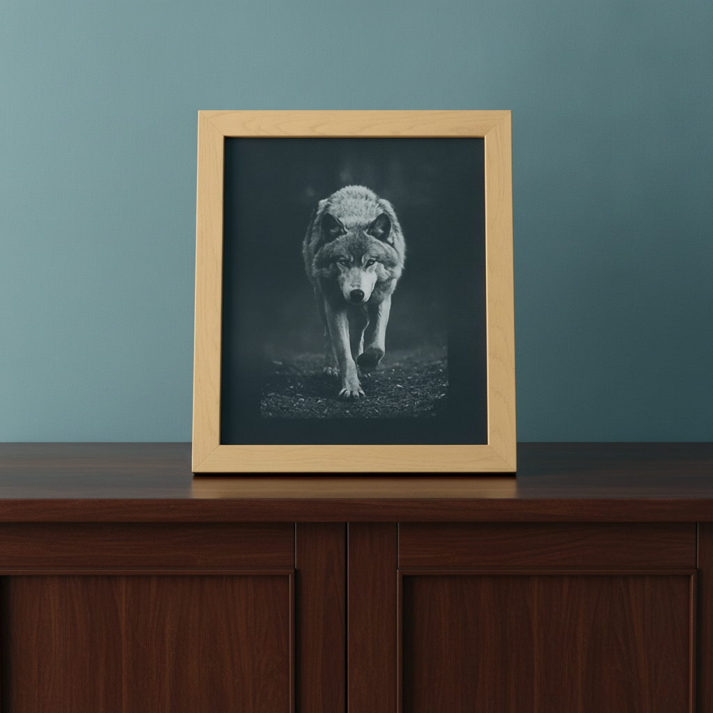 Wolf Black Painted Wood Engraving.  Wildlife Wall Art Oak Frame 25cm x 20cm.