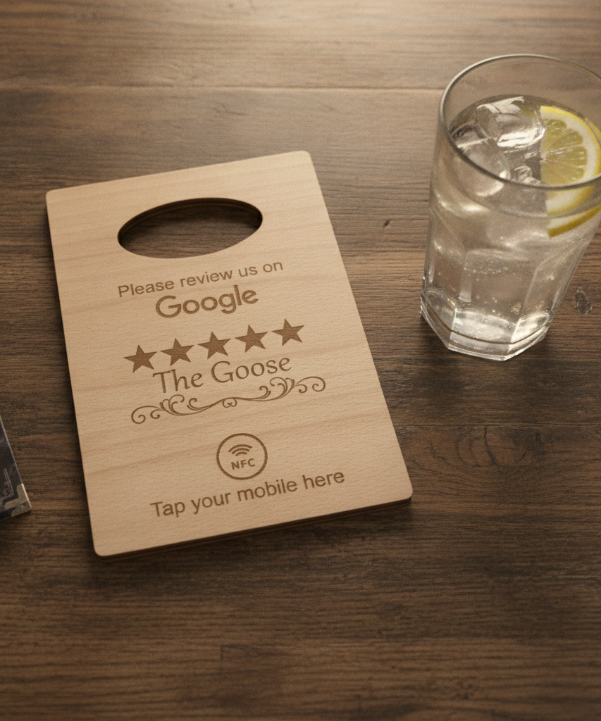 Handheld Tap to Review Sign, great for takeaways, busy coffee bars, trades people etc