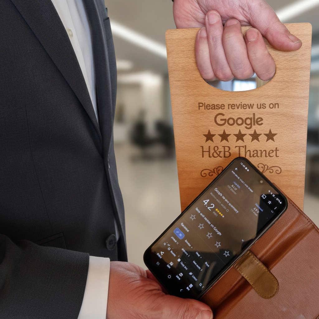 Handheld Tap to Review Sign, great for takeaways, busy coffee bars, trades people etc