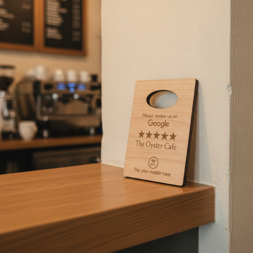 Handheld Tap to Review Sign, great for takeaways, busy coffee bars, trades people etc
