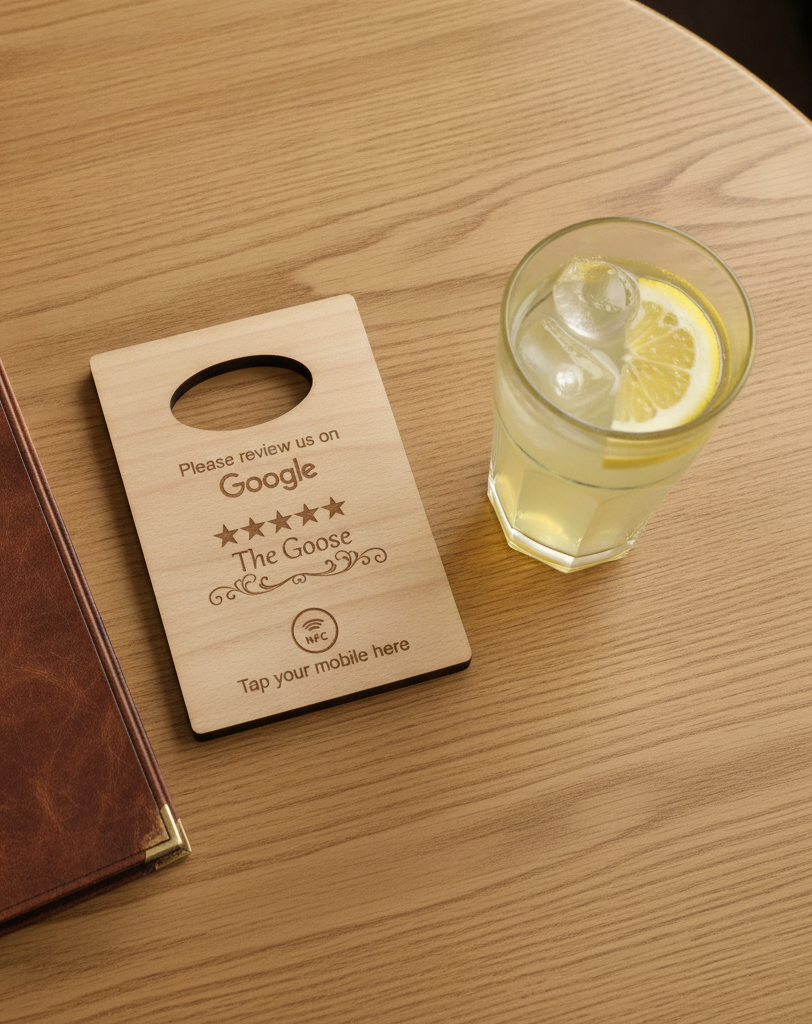 Handheld Tap to Review Sign, great for takeaways, busy coffee bars, trades people etc