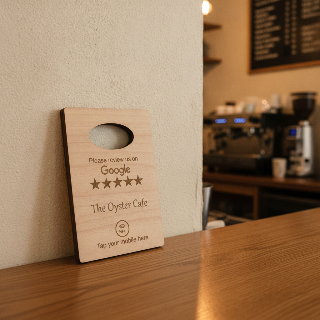 Handheld Tap to Review Sign, great for takeaways, busy coffee bars, trades people etc