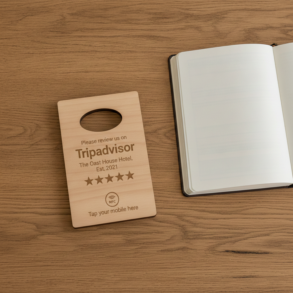 Handheld Tap to Review Sign, great for takeaways, busy coffee bars, trades people etc