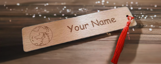 X 2 Wood Personalised Bookmarks. Detailed Engraving of Planet Earth. Any Font. Tassel Attached.