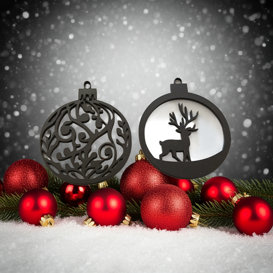 X 4, Black Wood, Christmas Tree / Wall Decoration Baubles Collection. 60mm diameter.