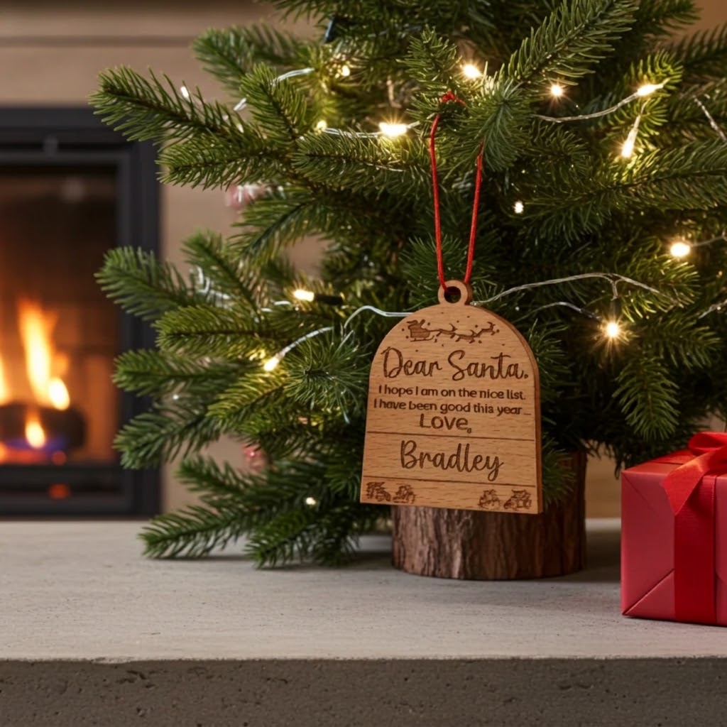 Personalised Wooden Christmas Tree Ornaments, Set of 3 | Dear Santa Wooden Baubles with Red Cord | Handmade by H&B Thanet