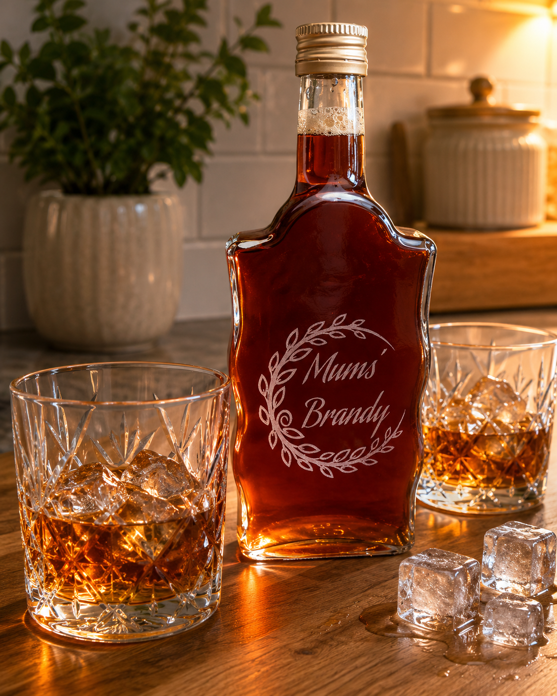 Personalised Engraved, 500ml, Wavy Glass Bottle with Screw Top.  (cold drinks, Alcohol, Oil Storage). Any Text and Font.