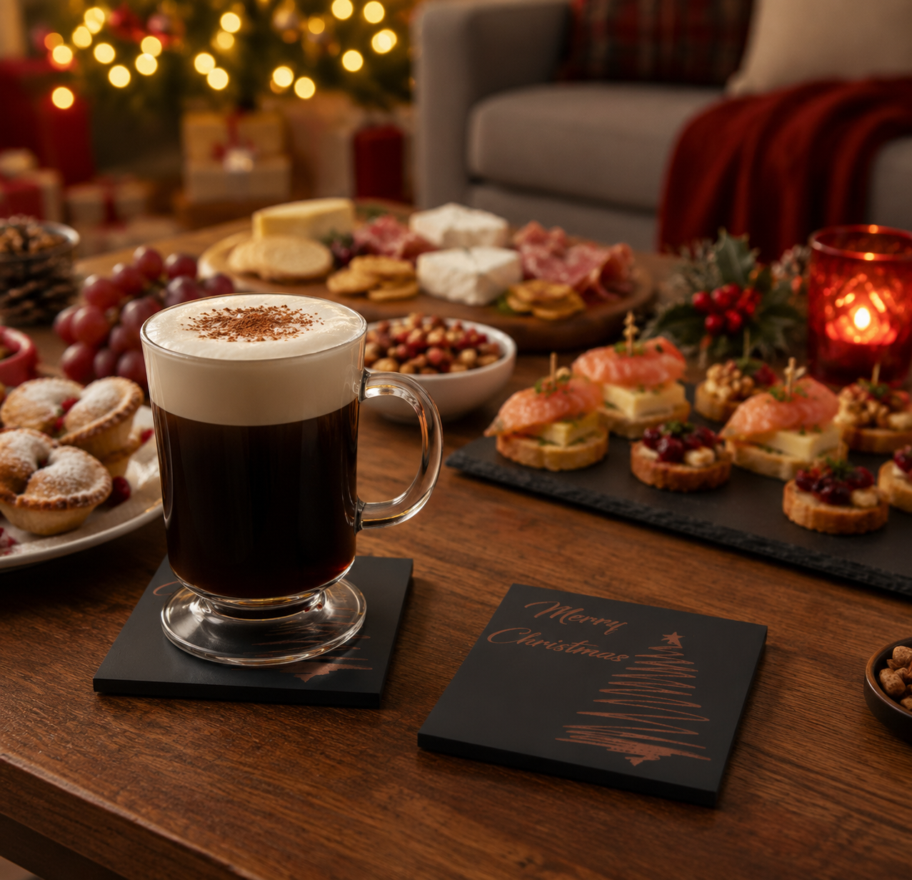 Set of 6 Stylish Black Wood Christmas Coasters, Festive Scenes | 9.5cm Square Drink Mats with Bumper Feet.