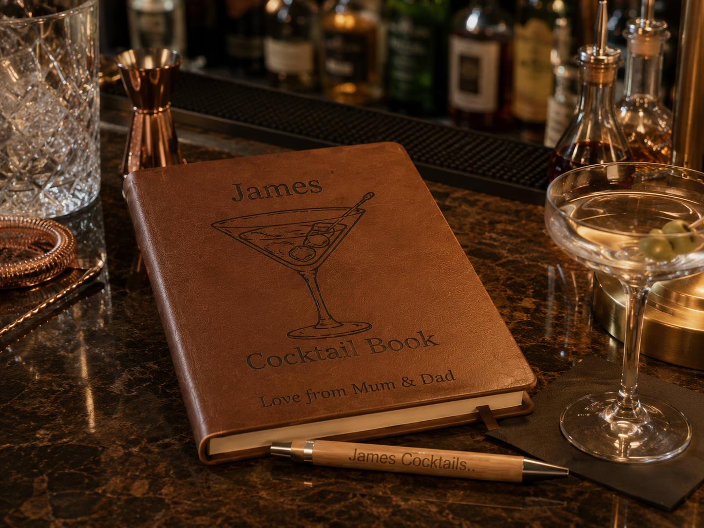 Personalised PU Tan Notebook & Bamboo Pen Set | Custom Engraved Hardback Notebook.
