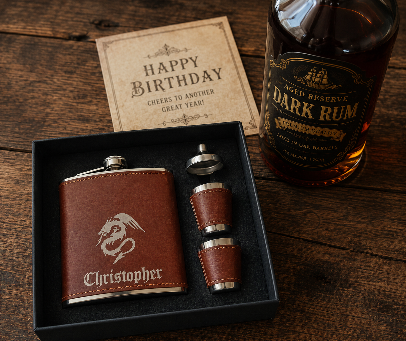 Personalised- Stainless Steel 7oz Hipflask, x 2 Cups and Funnel Set. Cool Gifts for any Celebration.