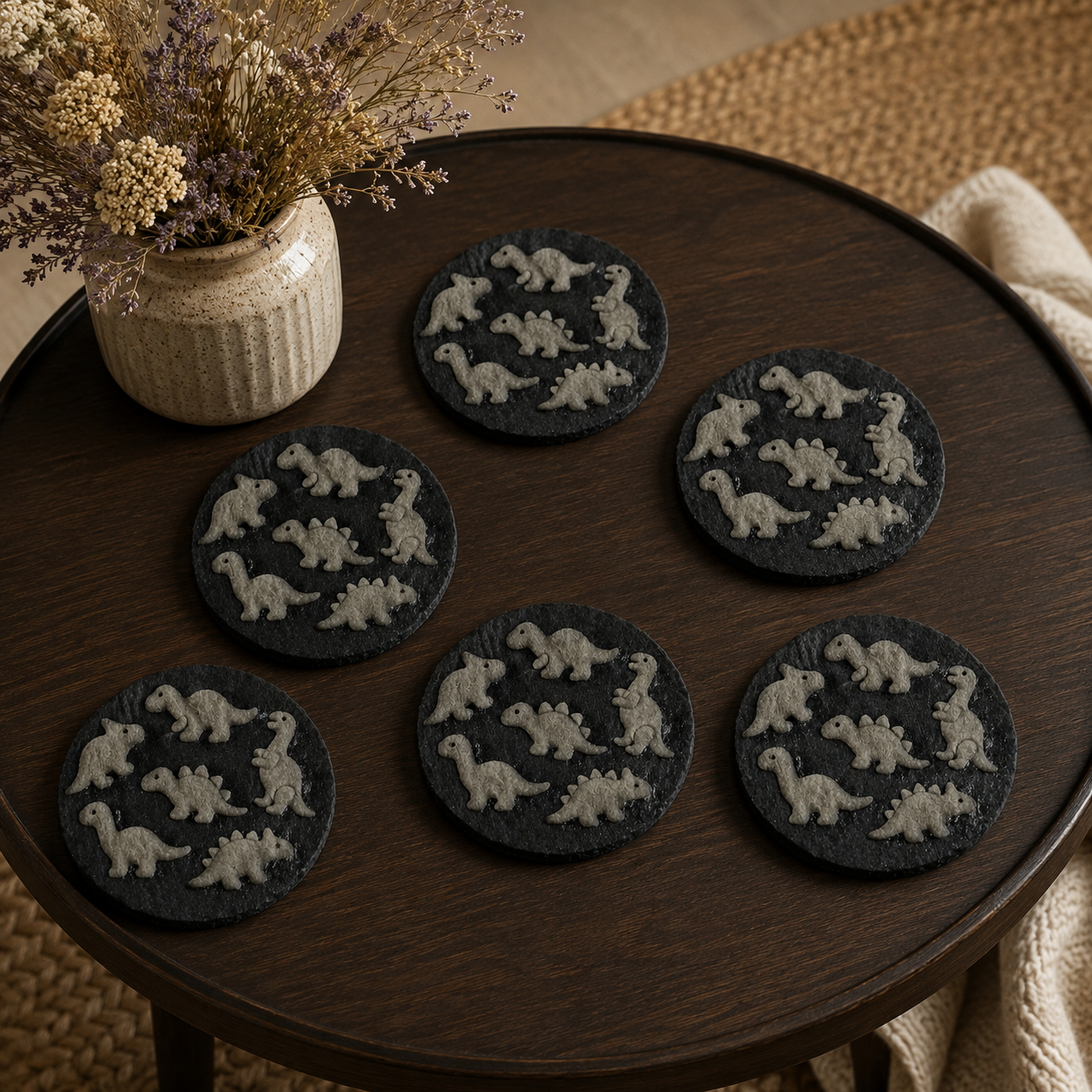 Set of 6, Effect Dinosaur Slate Coasters, 3D Effect – Laser Engraved Prehistoric Jurassic Dino Fossil Drink Coasters with Protective Bumper Feet, Unique Natural Stone Home Table Décor & Gift.